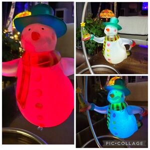 Christmas Ornament Avon Lighted Snowman Gift Rotating Light Colors 5-1/2" Whimsy